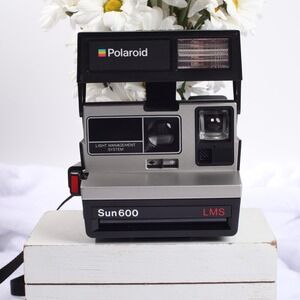Polaroid Sun 600 LMS Instant Film Camera Black Silver Vintage 600 Series Flash
